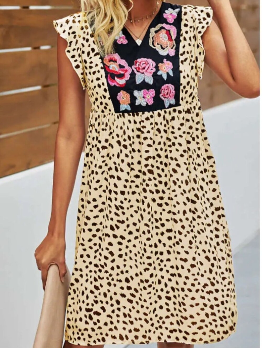 Leopard Print Dress with Floral Embroidery Size Small